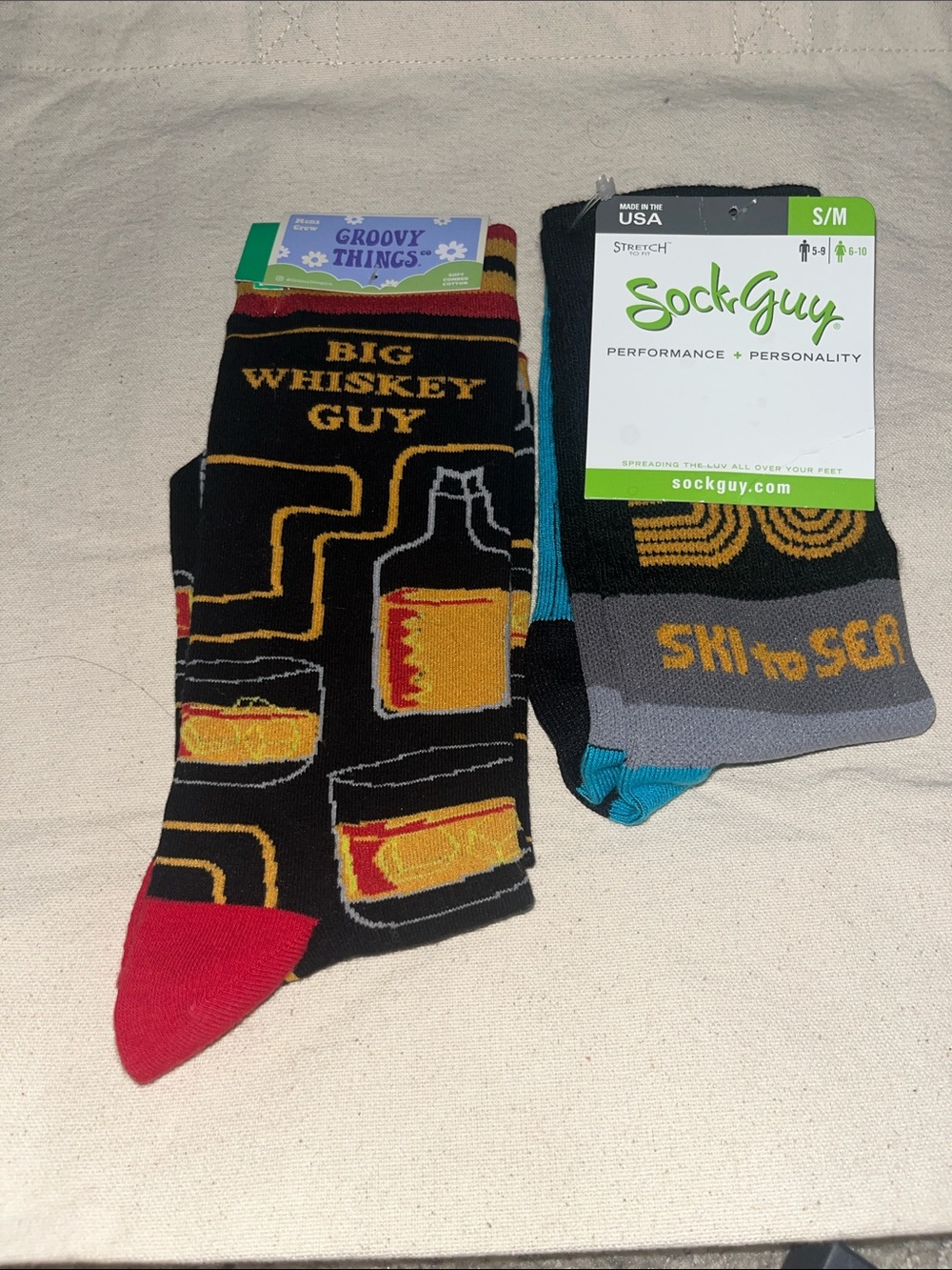 2pr-1'Big Whiskey Guy' & 1’Ski to Sea’ Socks-Black/Red/Yellow-one size fits most